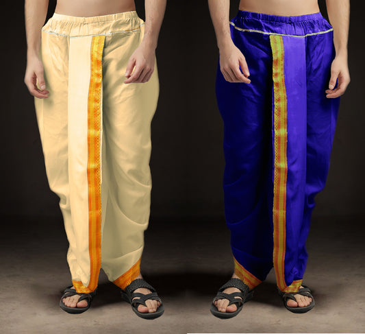 Ready-Made Dhoti for Men Pack of 2 Phakkat – Cream & Blue Dhoti Combo Front View