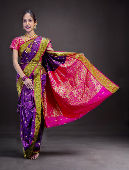 Ready-Made Nauvari Saree for Women Phakkat Wine Saree Front View