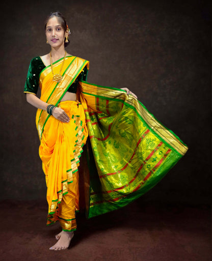 Ready-Made Nauvari Saree for Women Phakkat Yellow Saree Front View