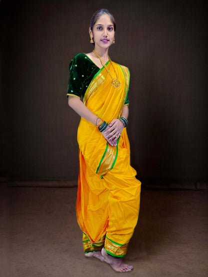 Ready-Made Nauvari Saree for Women Phakkat Yellow Saree Green Border