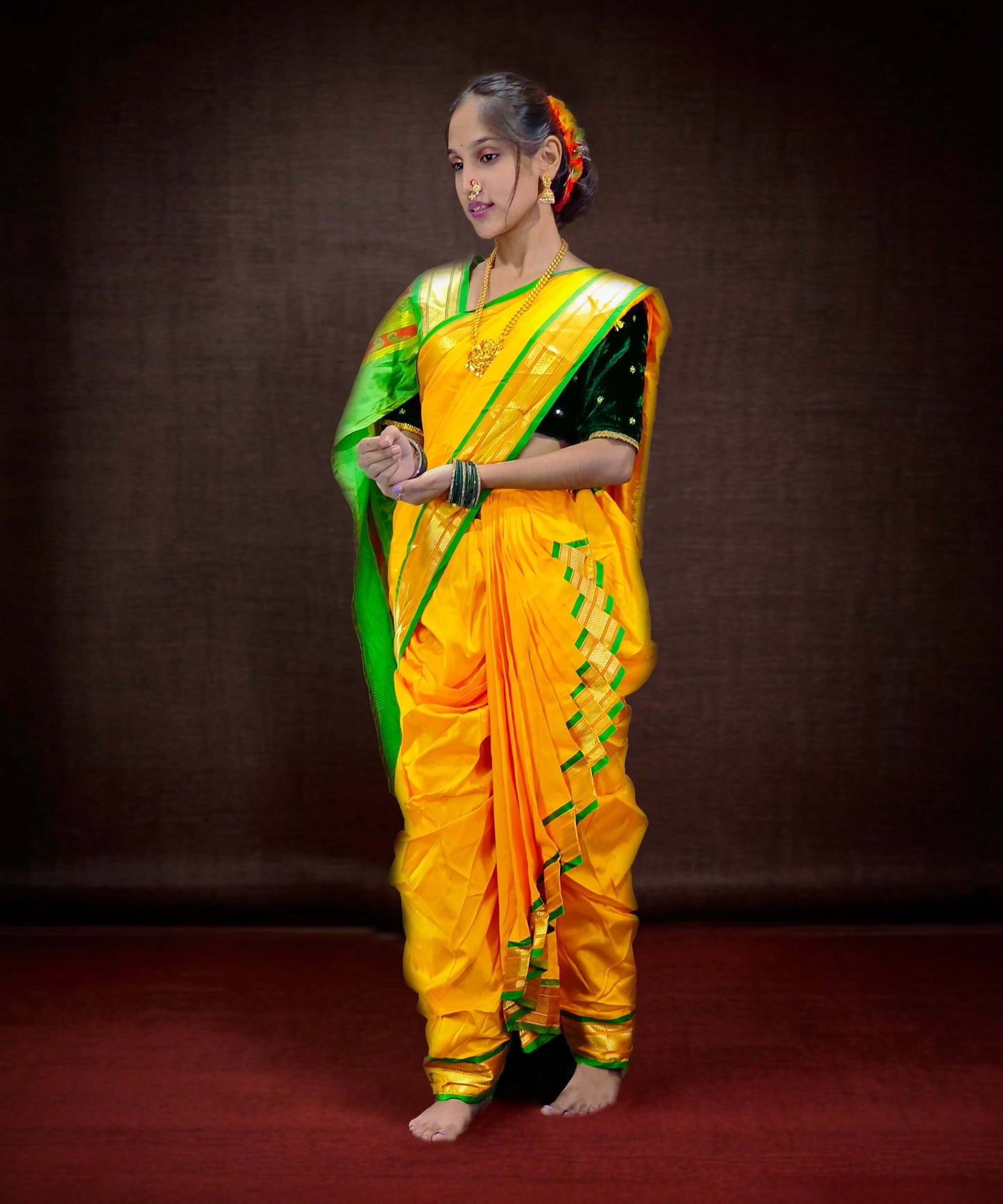 Ready-Made Nauvari Saree for Women Phakkat Yellow Full Length Look