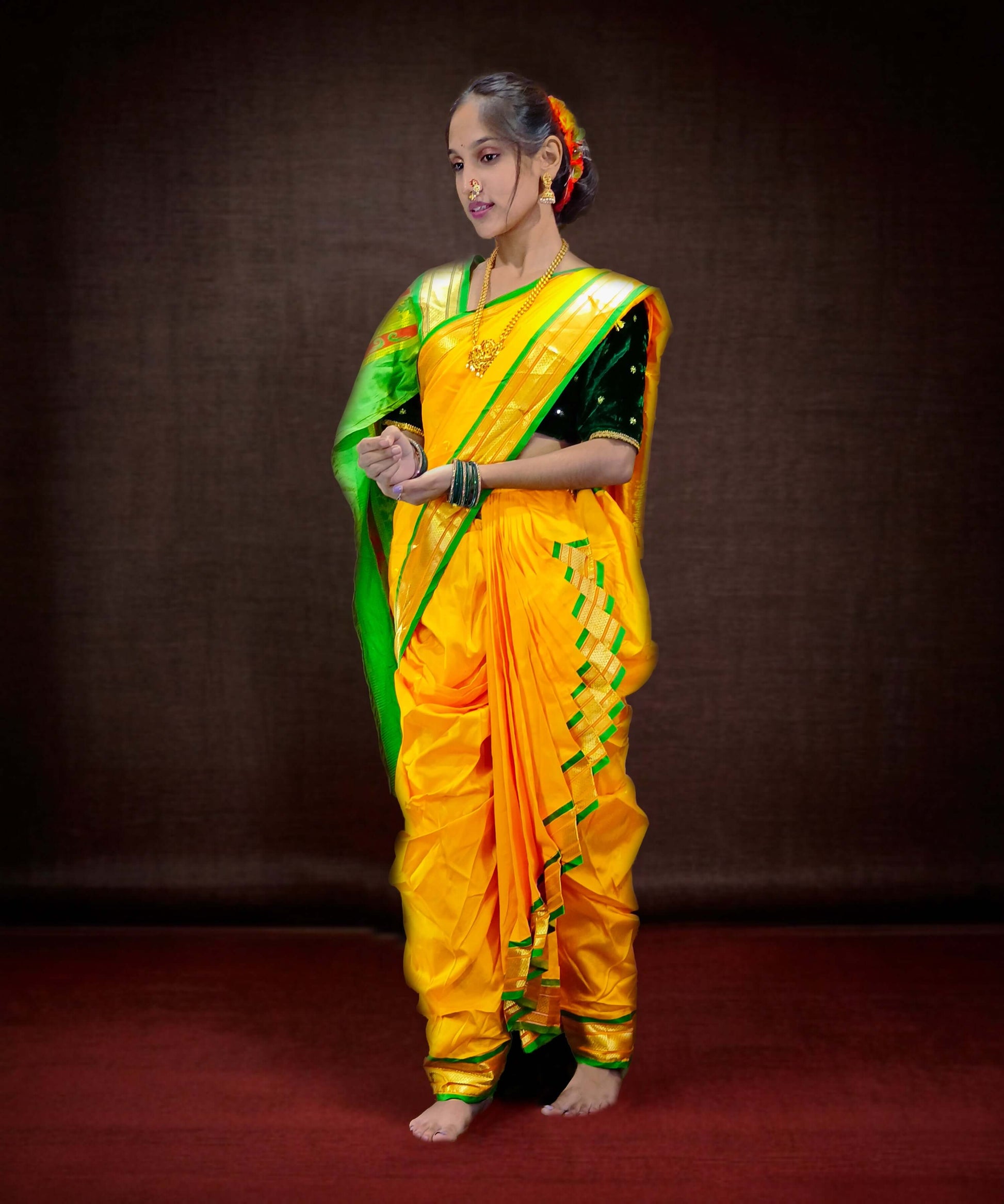 Ready-Made Nauvari Saree for Women Phakkat Yellow Full Length Look