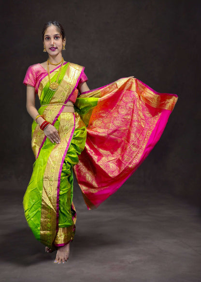 Ready-Made Nauvari Saree for Women Phakkat Mehandi Saree Front View