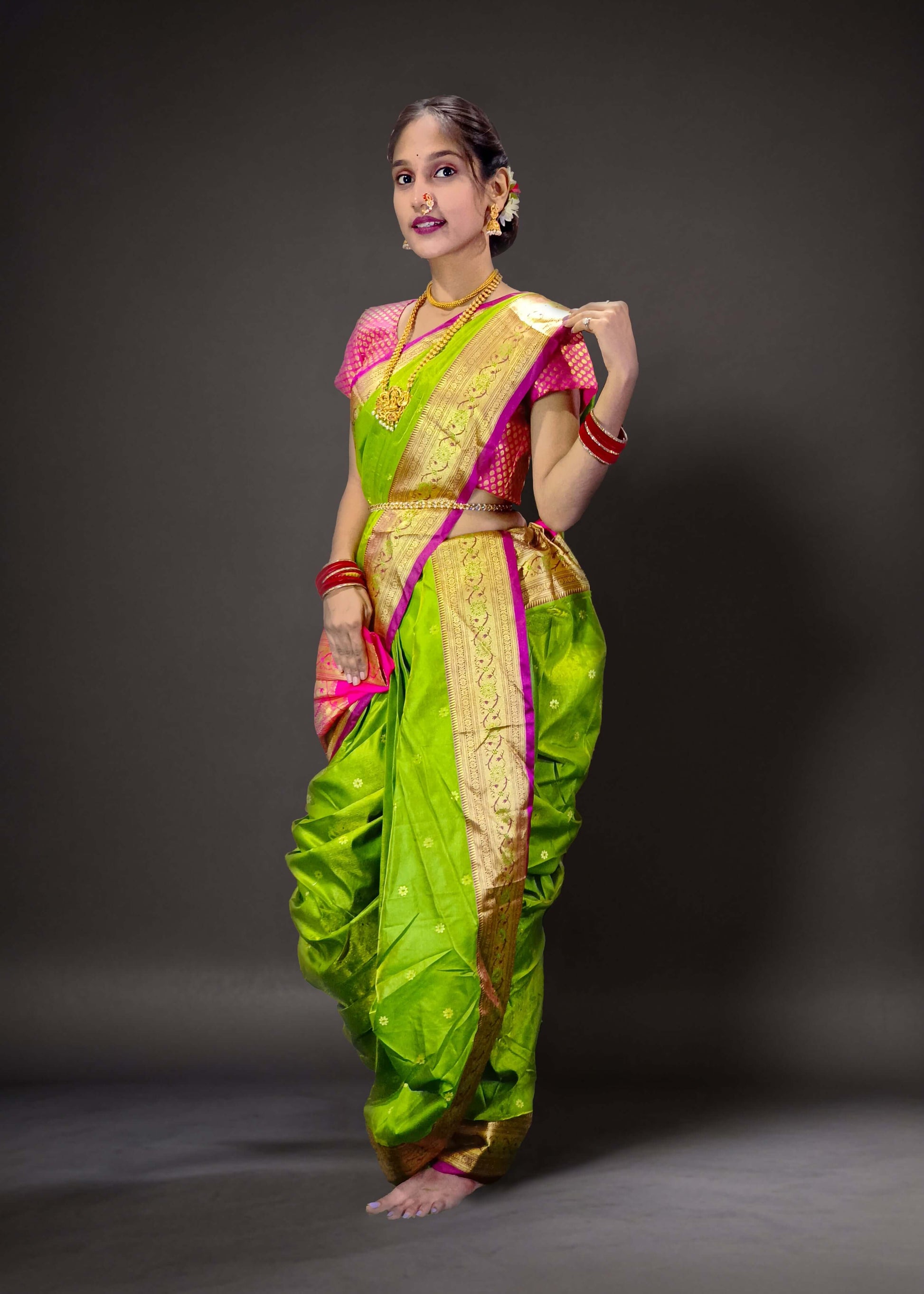 Ready-Made Nauvari Saree for Women Phakkat Mehandi Peshwai Style Saree