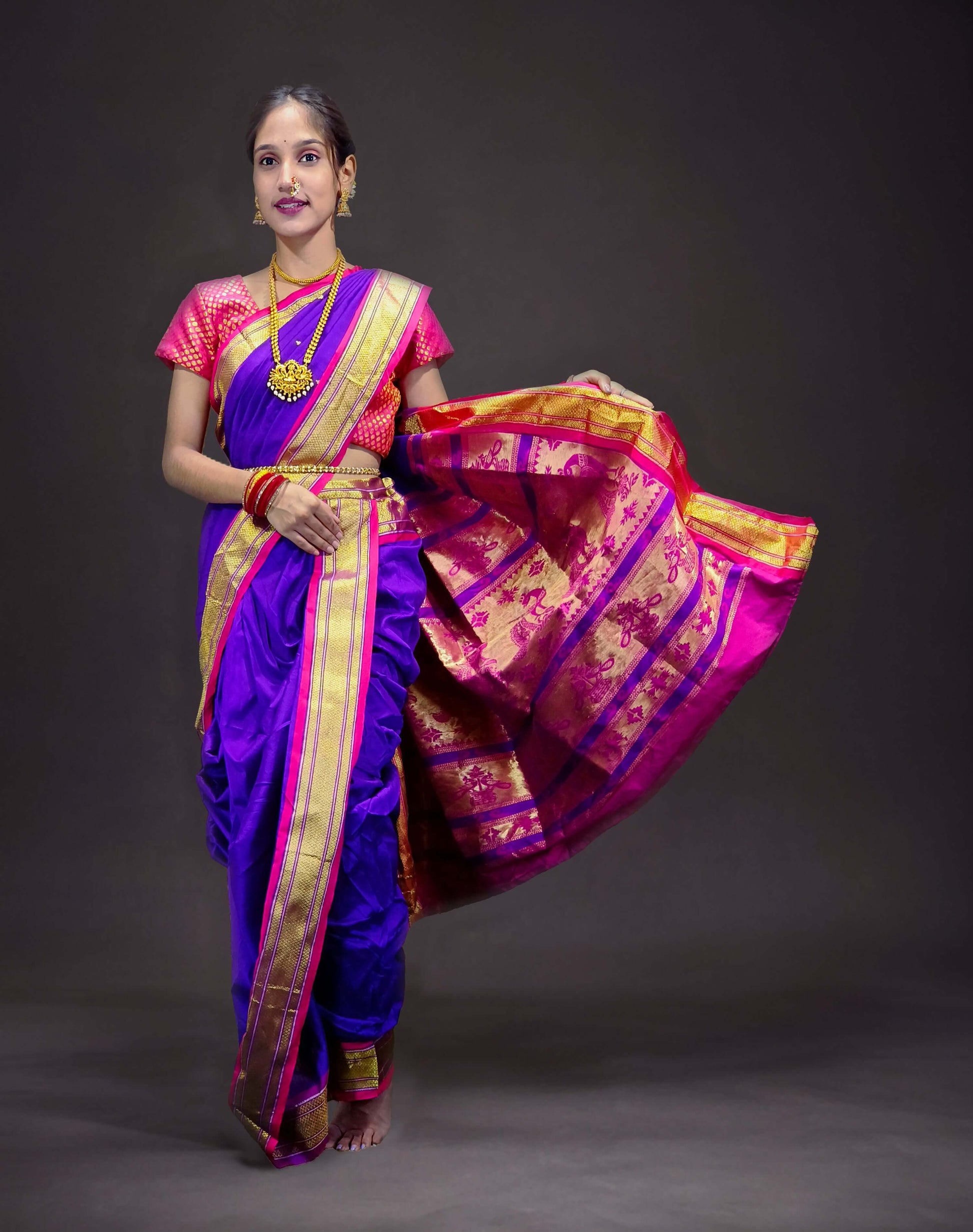 Ready-Made Nauvari Saree for Women Phakkat Wine Saree Front View