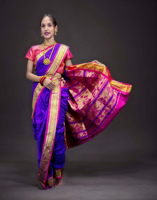 Ready-Made Nauvari Saree for Women Phakkat Wine Saree Front View