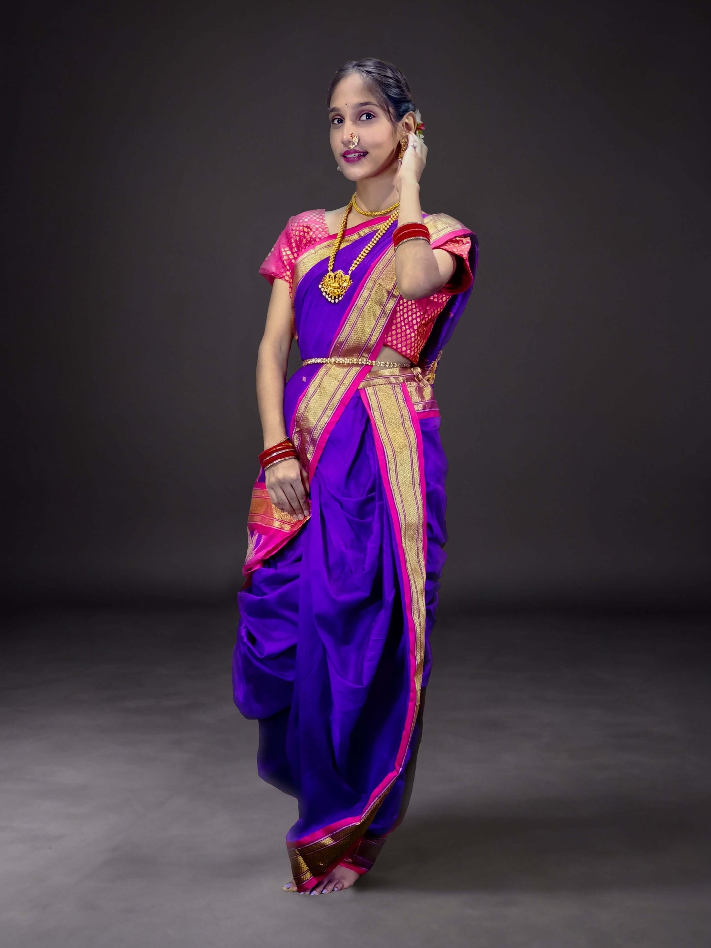 Ready-Made Nauvari Saree for Women Phakkat Wine Saree Pink Border
