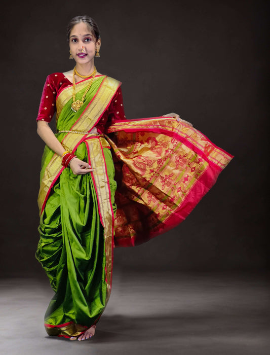 Ready-Made Nauvari Saree for Women Phakkat Mehandi Saree Front View