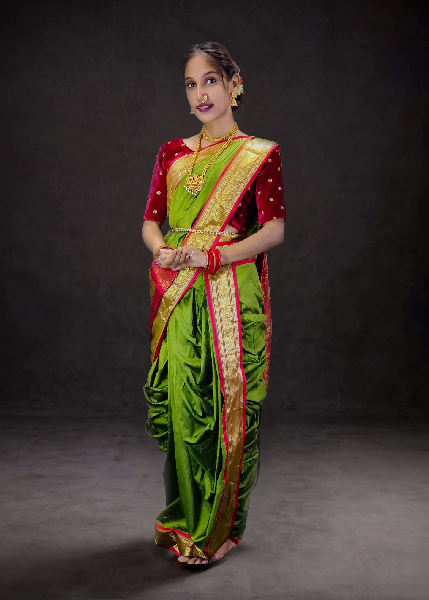 Ready-Made Nauvari Saree for Women Phakkat Mehandi Peshwai Style Saree