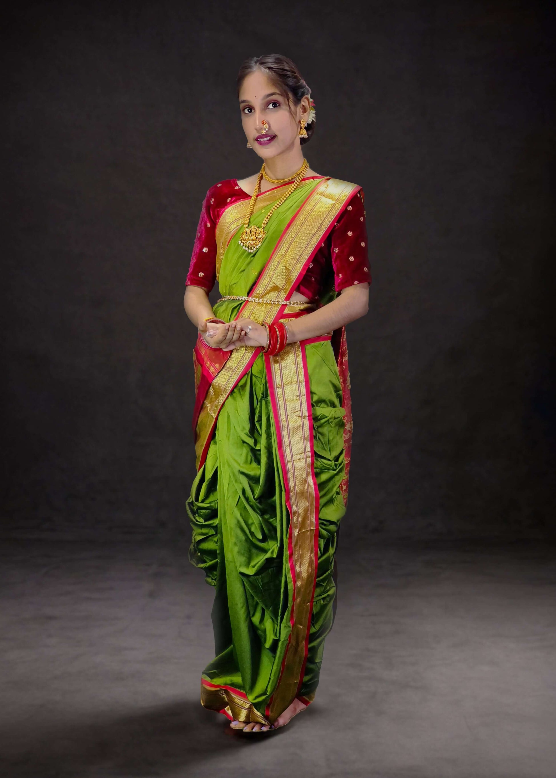 Ready-Made Nauvari Saree for Women Phakkat Mehandi Peshwai Style Saree