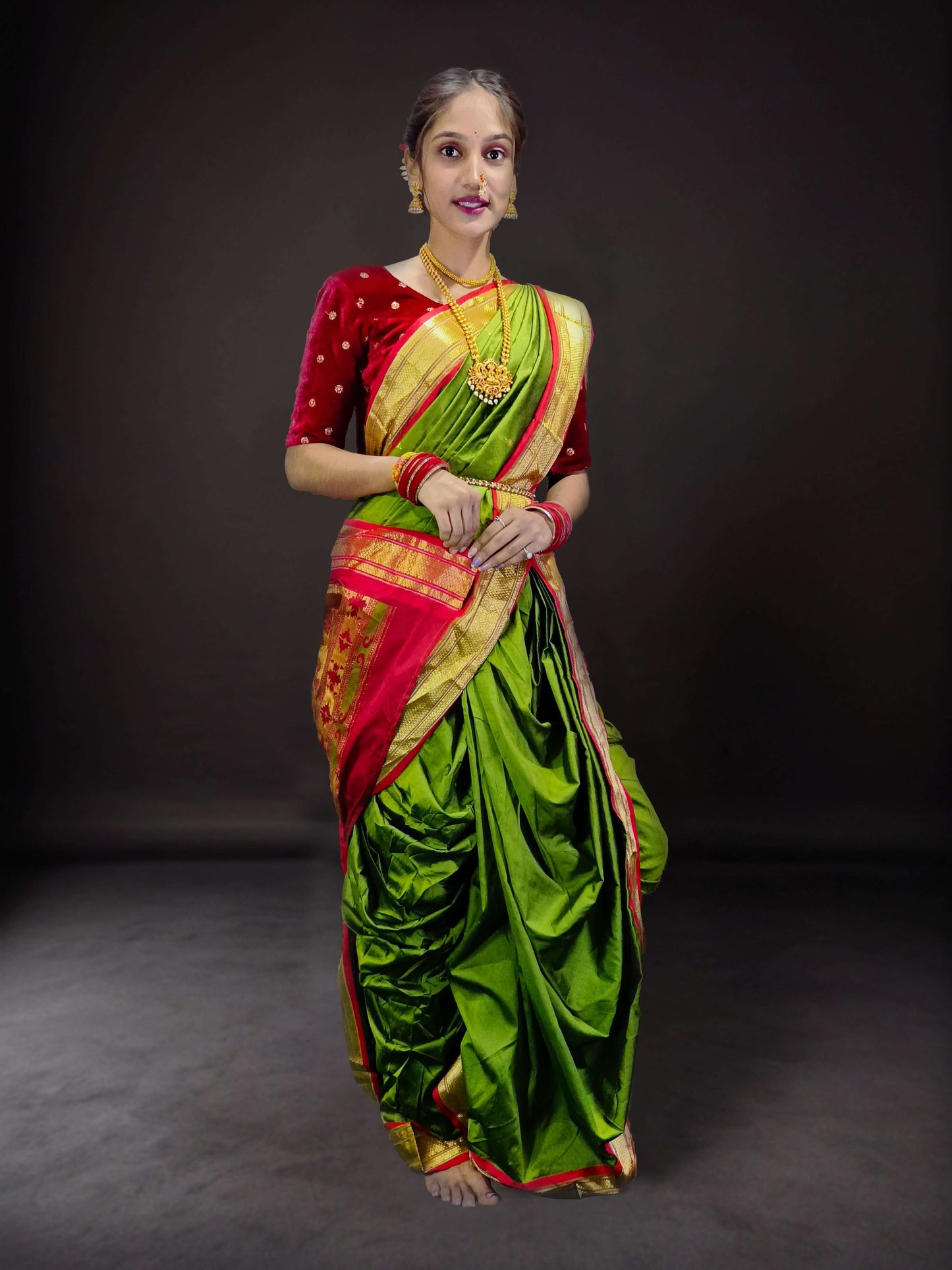 Ready-Made Nauvari Saree for Women Phakkat Mehandi Full Length Look