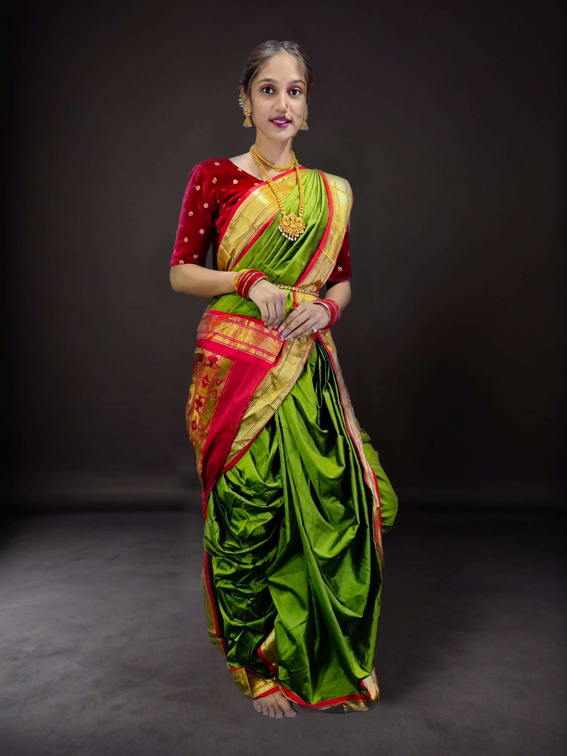 Ready-Made Nauvari Saree for Women Phakkat Mehandi Full Length Look