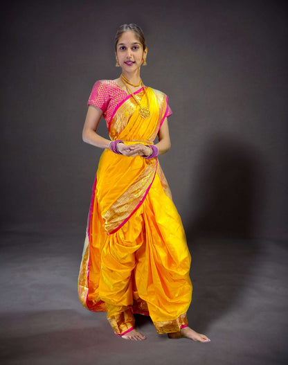 Ready-Made Nauvari Saree for Women Phakkat Yellow Saree Front View