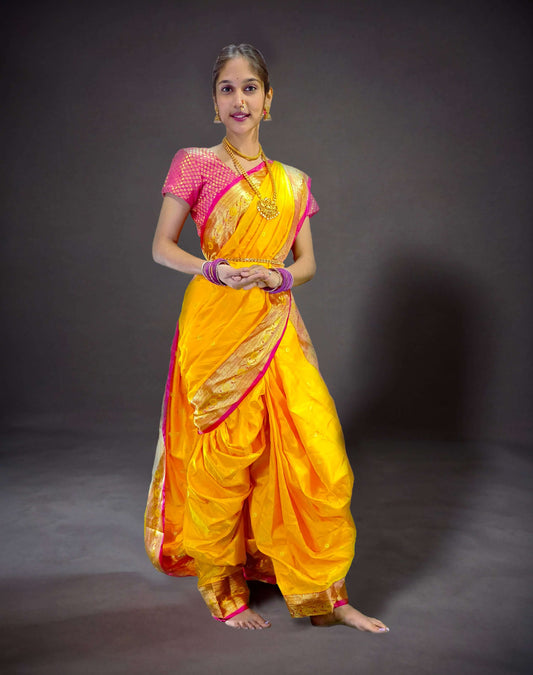 Ready-Made Nauvari Saree for Women Phakkat Yellow Saree Front View