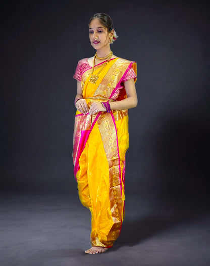 Ready-Made Nauvari Saree for Women Phakkat Yellow Saree Pink Border