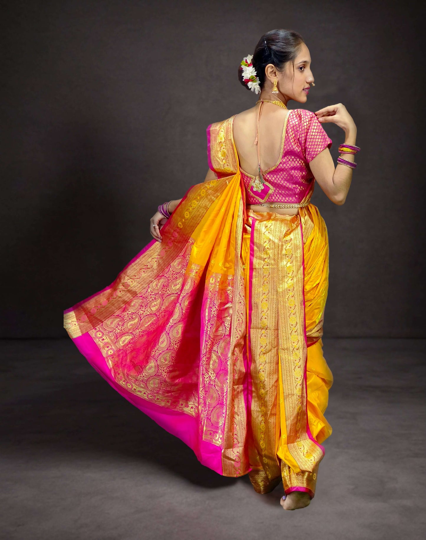 Ready-Made Nauvari Saree for Women Phakkat Yellow Full Length Look