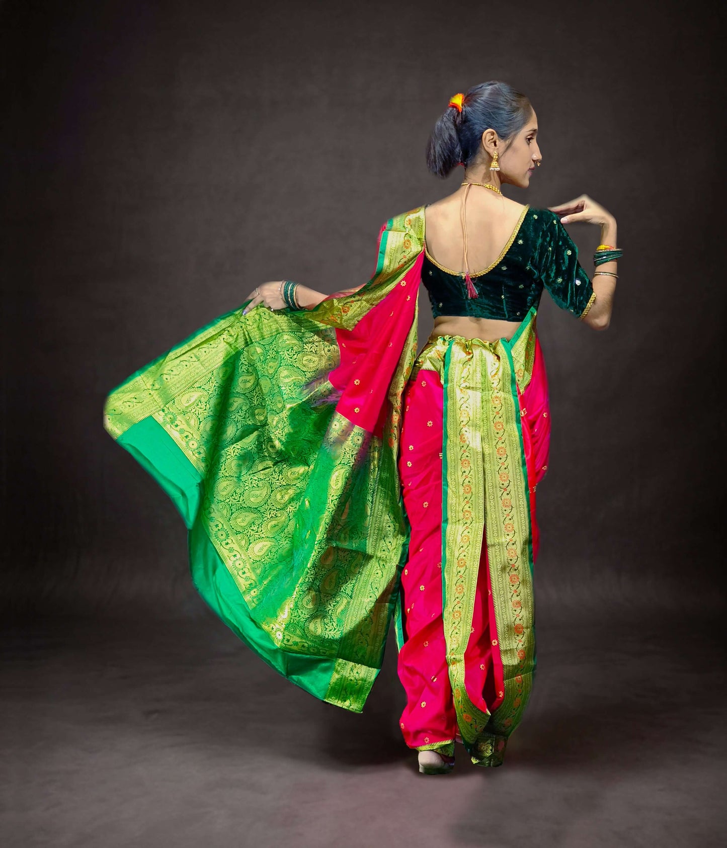Ready-Made Nauvari Saree for Women Phakkat Bit Green Peshwai Style Saree