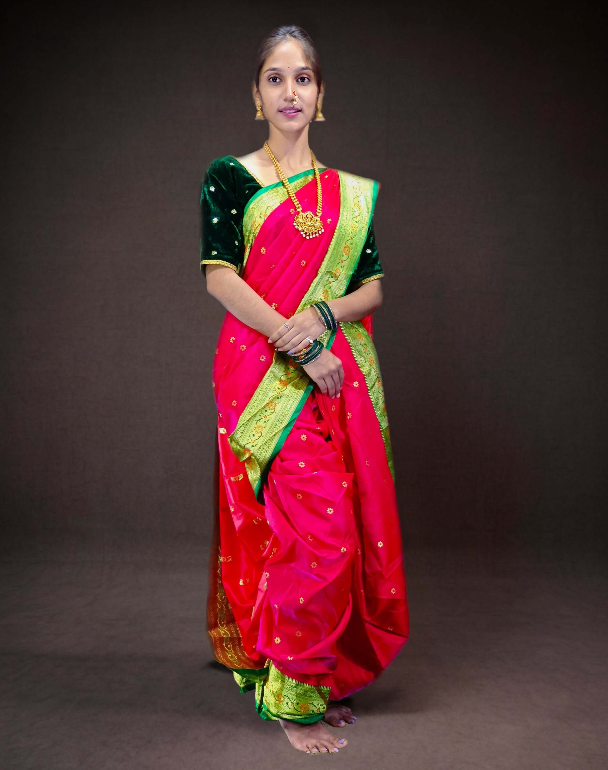 Ready-Made Nauvari Saree for Women Phakkat Bit Green Full Length Look