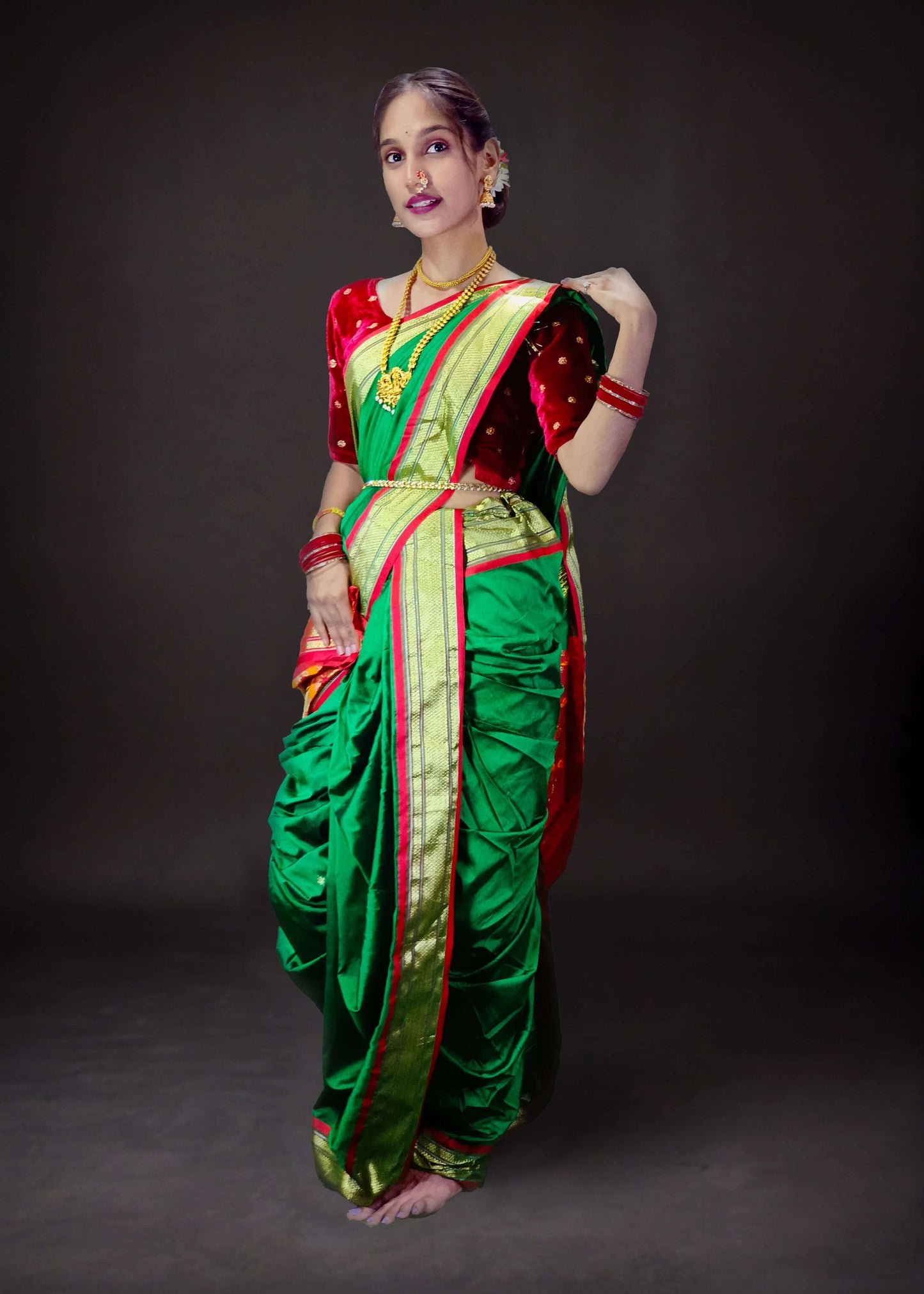 Ready-Made Nauvari Saree for Women Phakkat Green Peshwai Style Saree