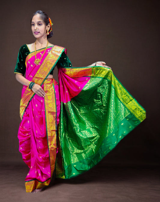 Ready-Made Nauvari Saree for Women Phakkat Pink Saree Front View