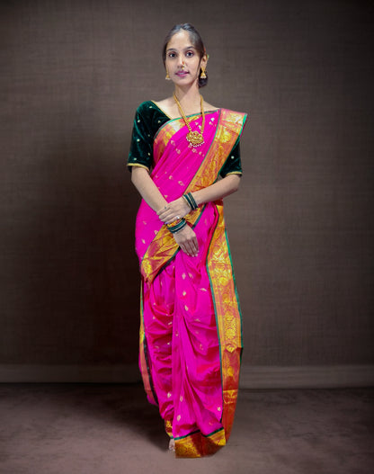 Ready-Made Nauvari Saree for Women Phakkat Pink Saree Green Border