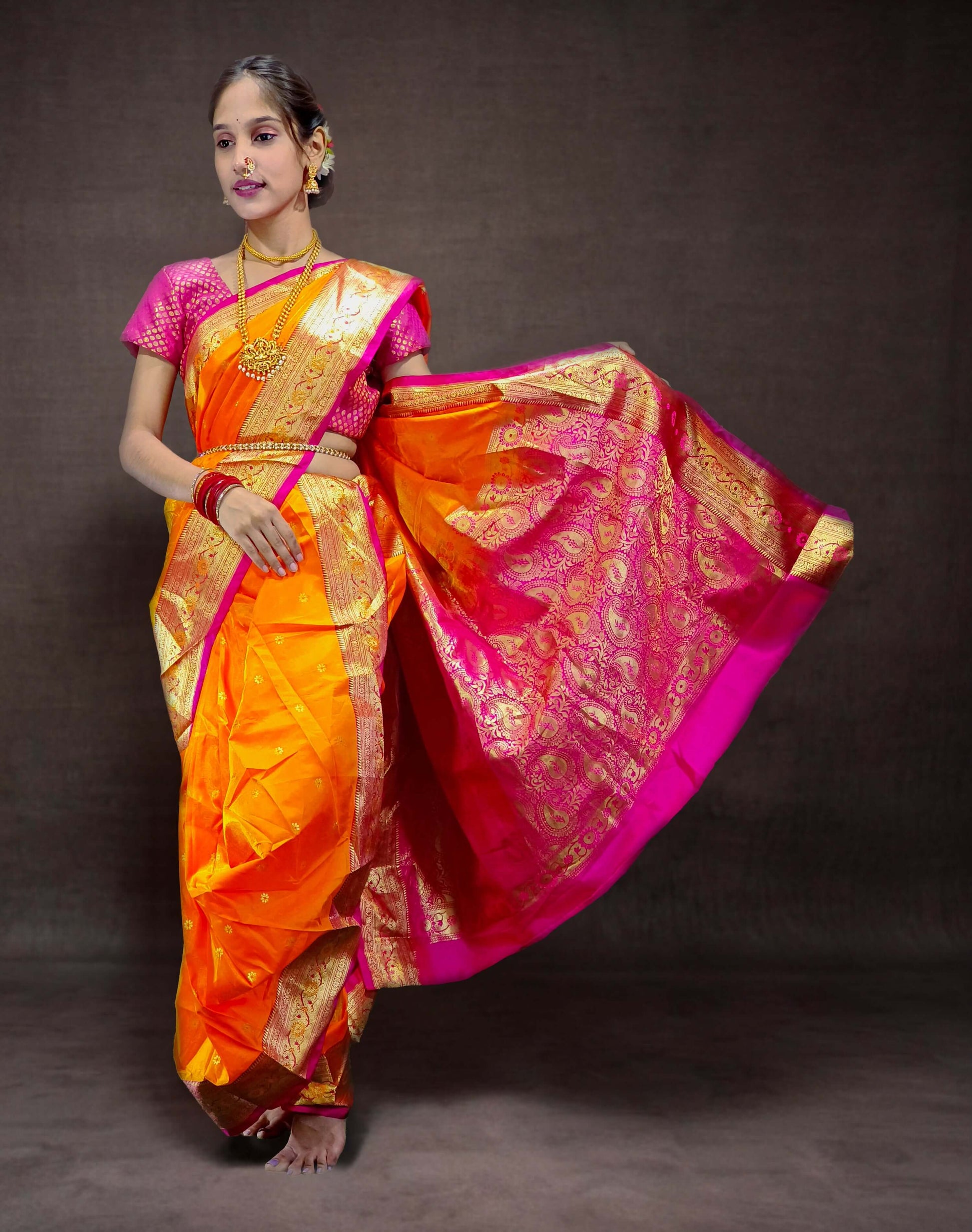 Ready-Made Nauvari Saree for Women Phakkat Wine Saree Front View