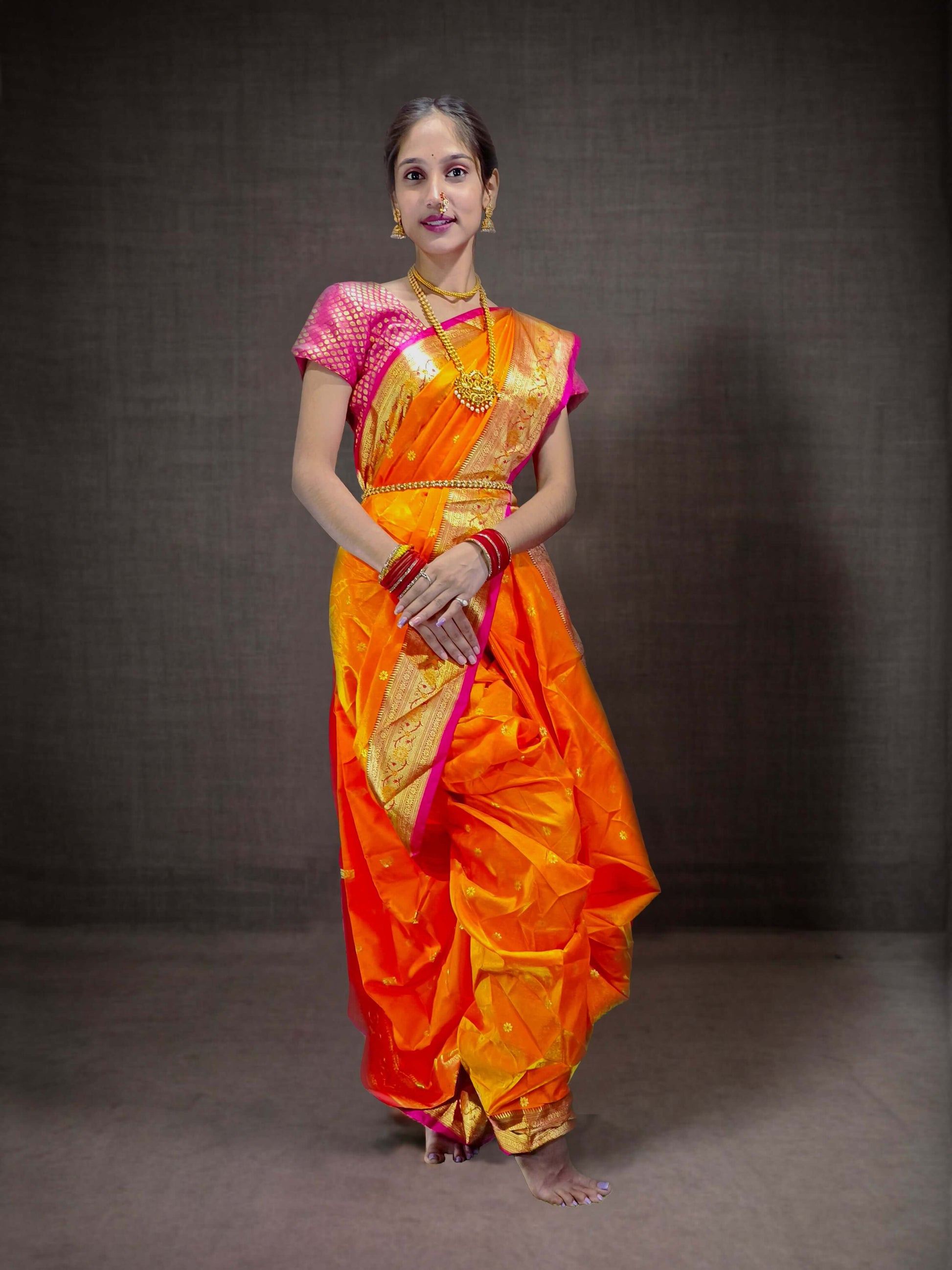 Ready-Made Nauvari Saree for Women Phakkat Wine Saree Green Border