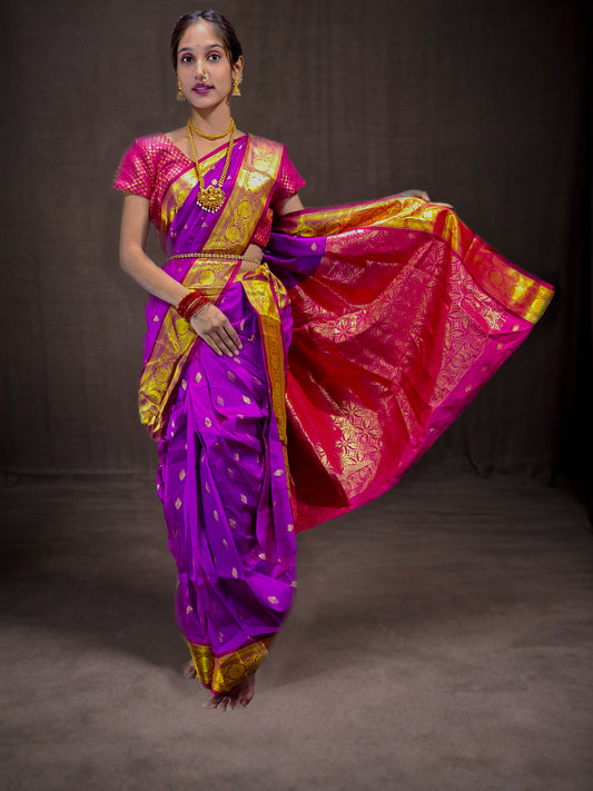Ready-Made Nauvari Saree for Women Phakkat Magenta Saree Front View