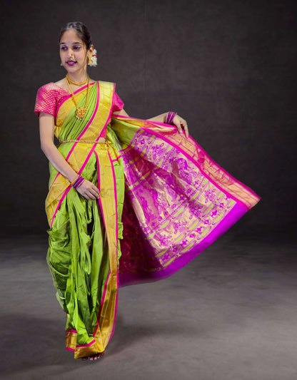 Ready-Made Nauvari Saree for Women Phakkat Mehandi Saree Front View