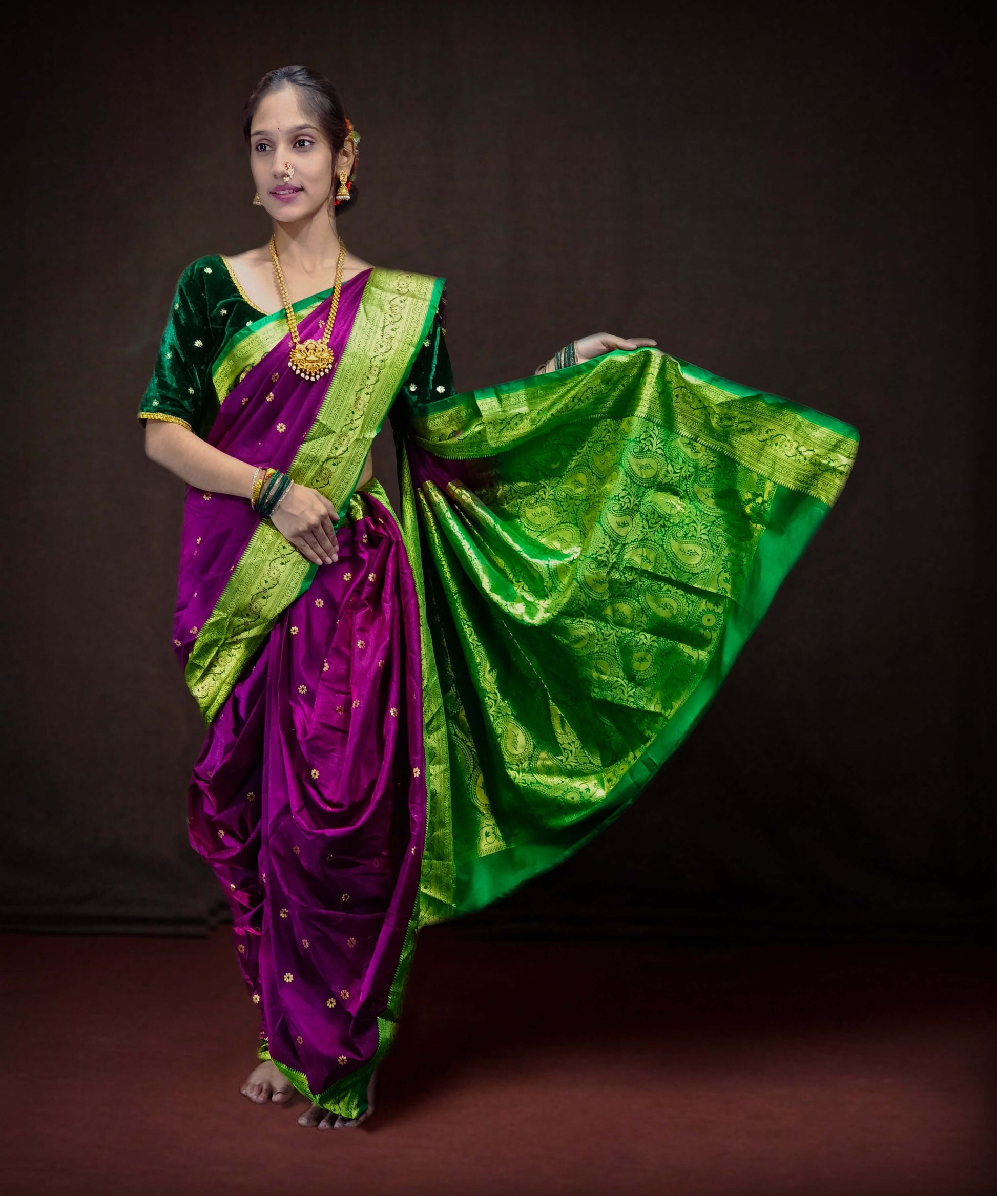 Ready-Made Nauvari Saree for Women Phakkat Wine Saree Front View