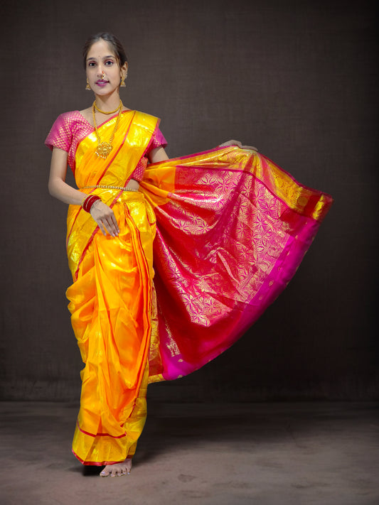 Ready-Made Nauvari Saree for Women Phakkat Yellow Saree Front View