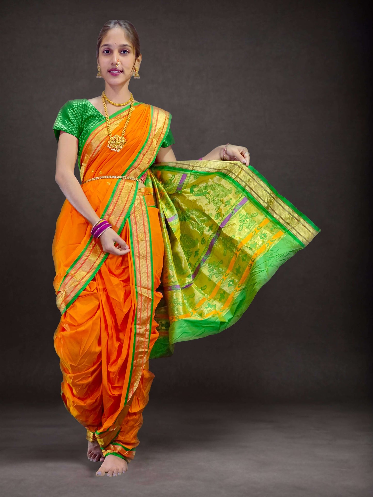 Ready-Made Nauvari Saree for Women Phakkat Orange Saree Front View