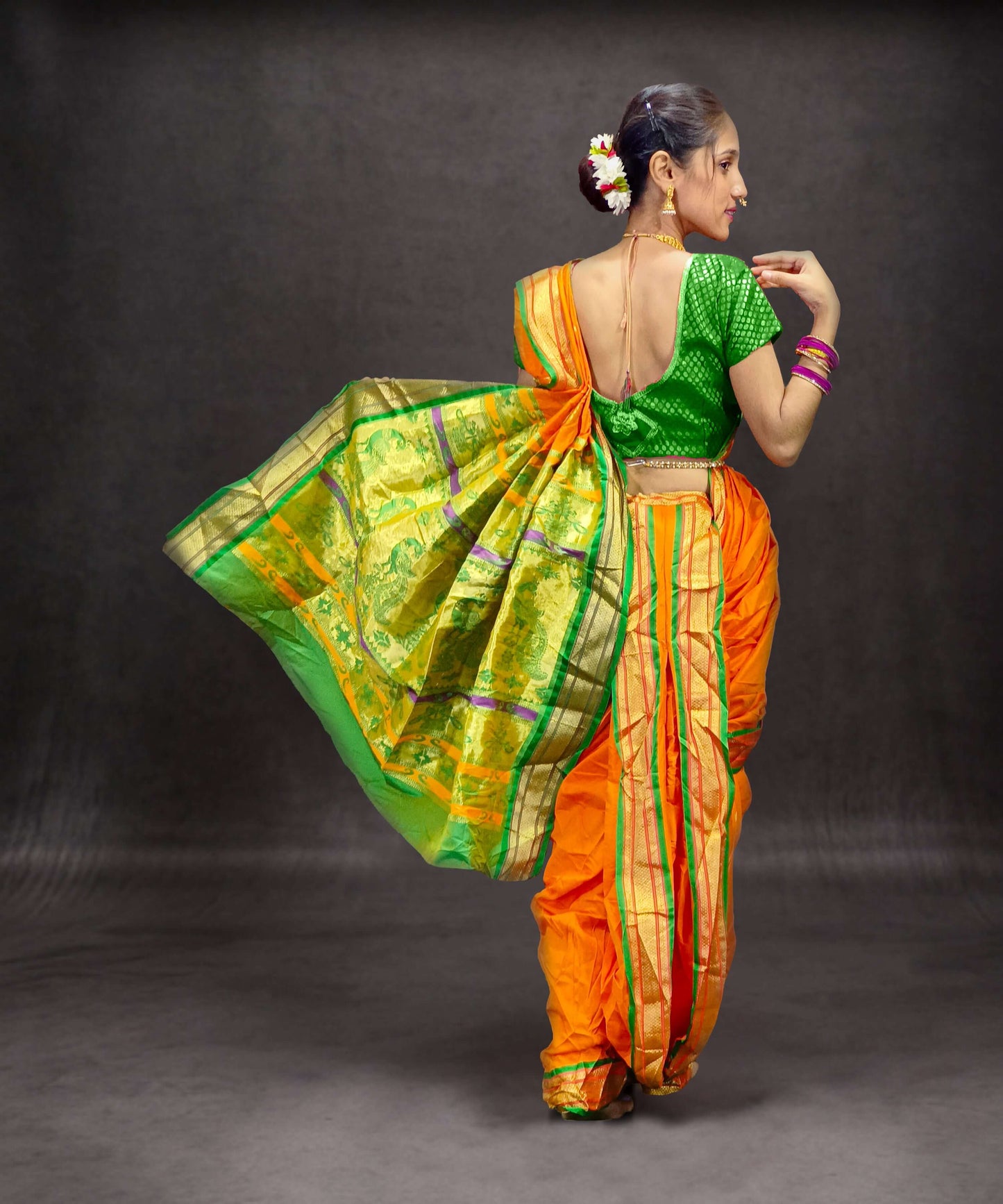Ready-Made Nauvari Saree for Women Phakkat Orange Saree Green Border