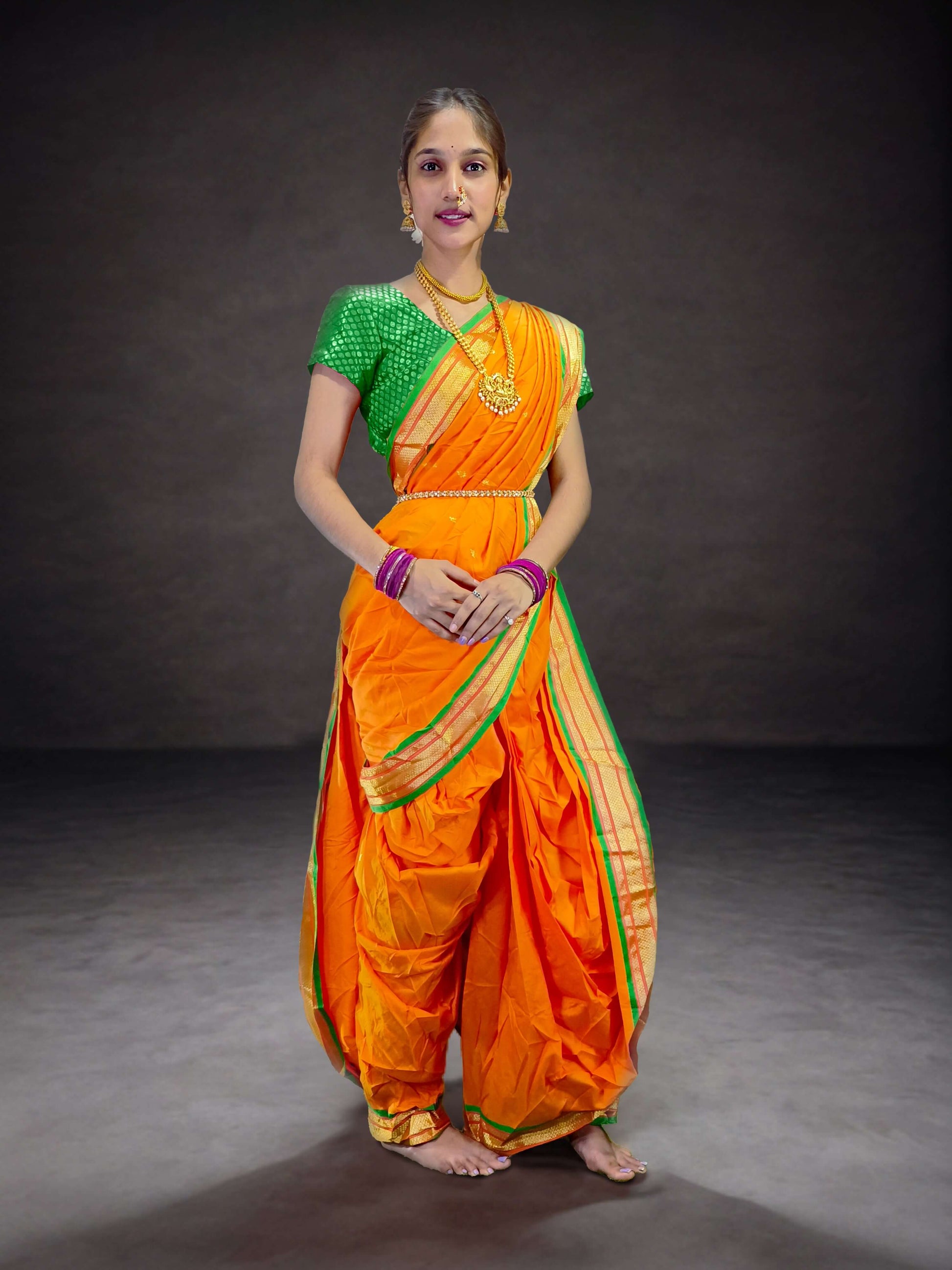 Ready-Made Nauvari Saree for Women Phakkat Orange Peshwai Style Saree