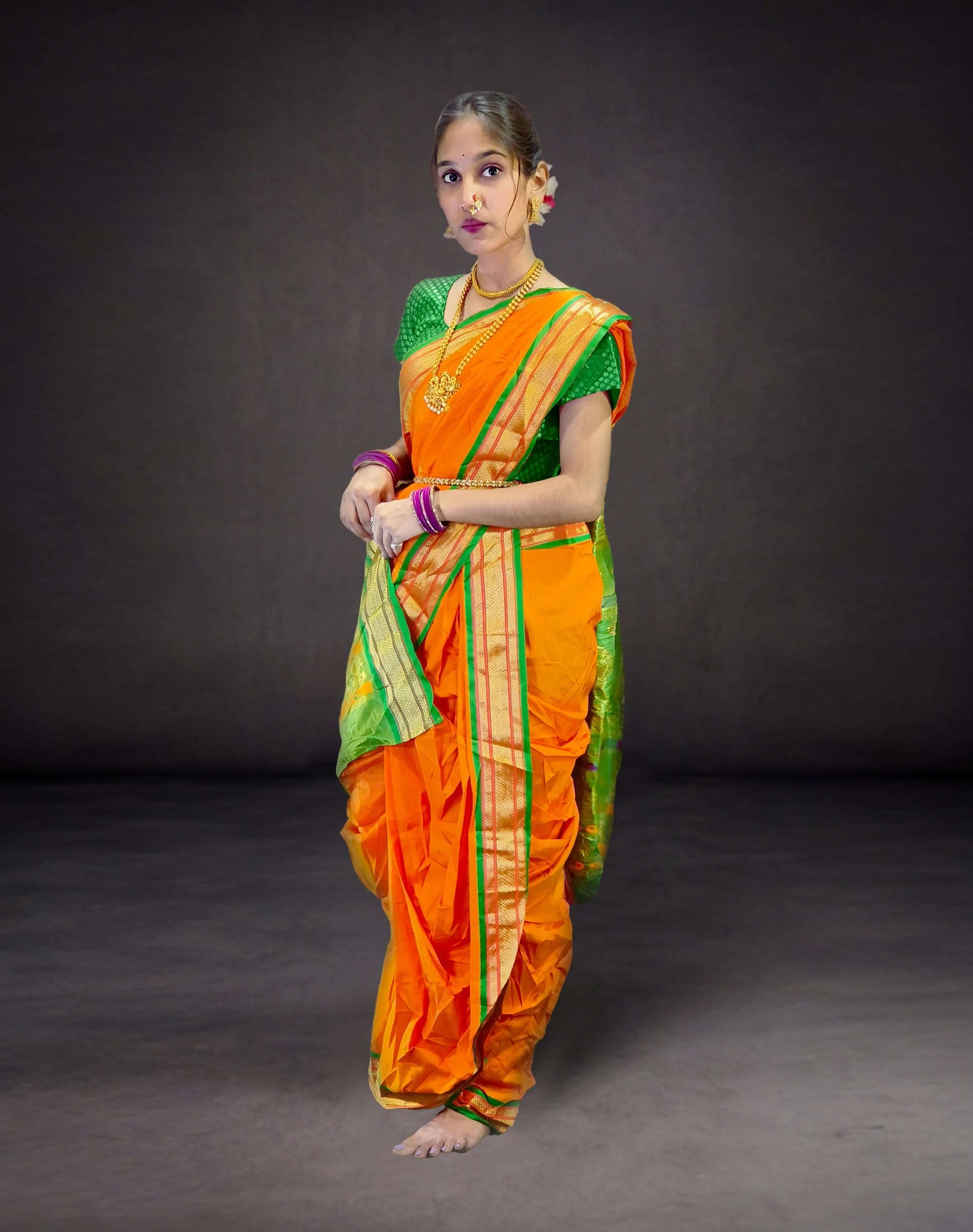 Ready-Made Nauvari Saree for Women Phakkat Orange Full Length Look