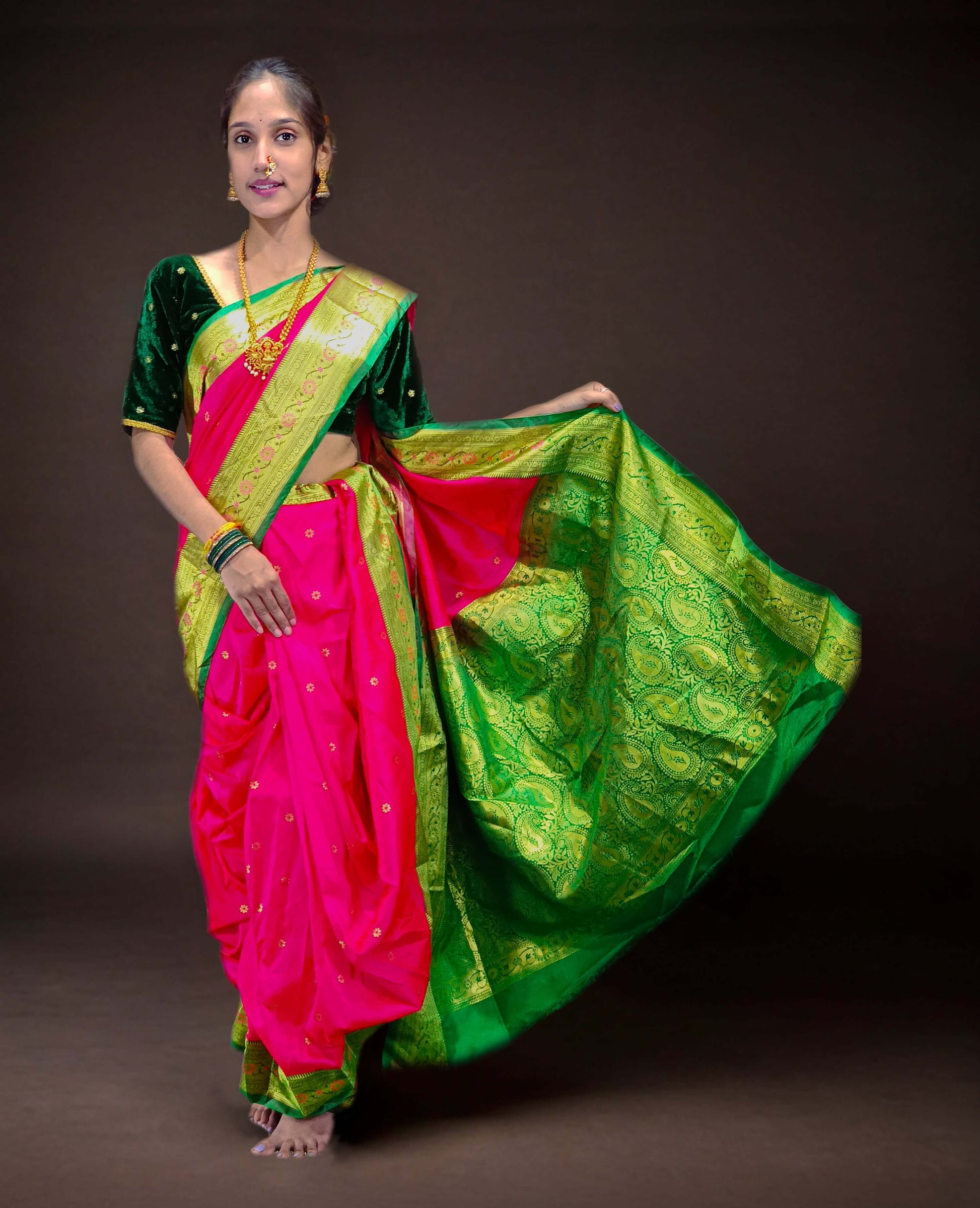 Ready-Made Nauvari Saree for Women Phakkat Pink Saree Front View