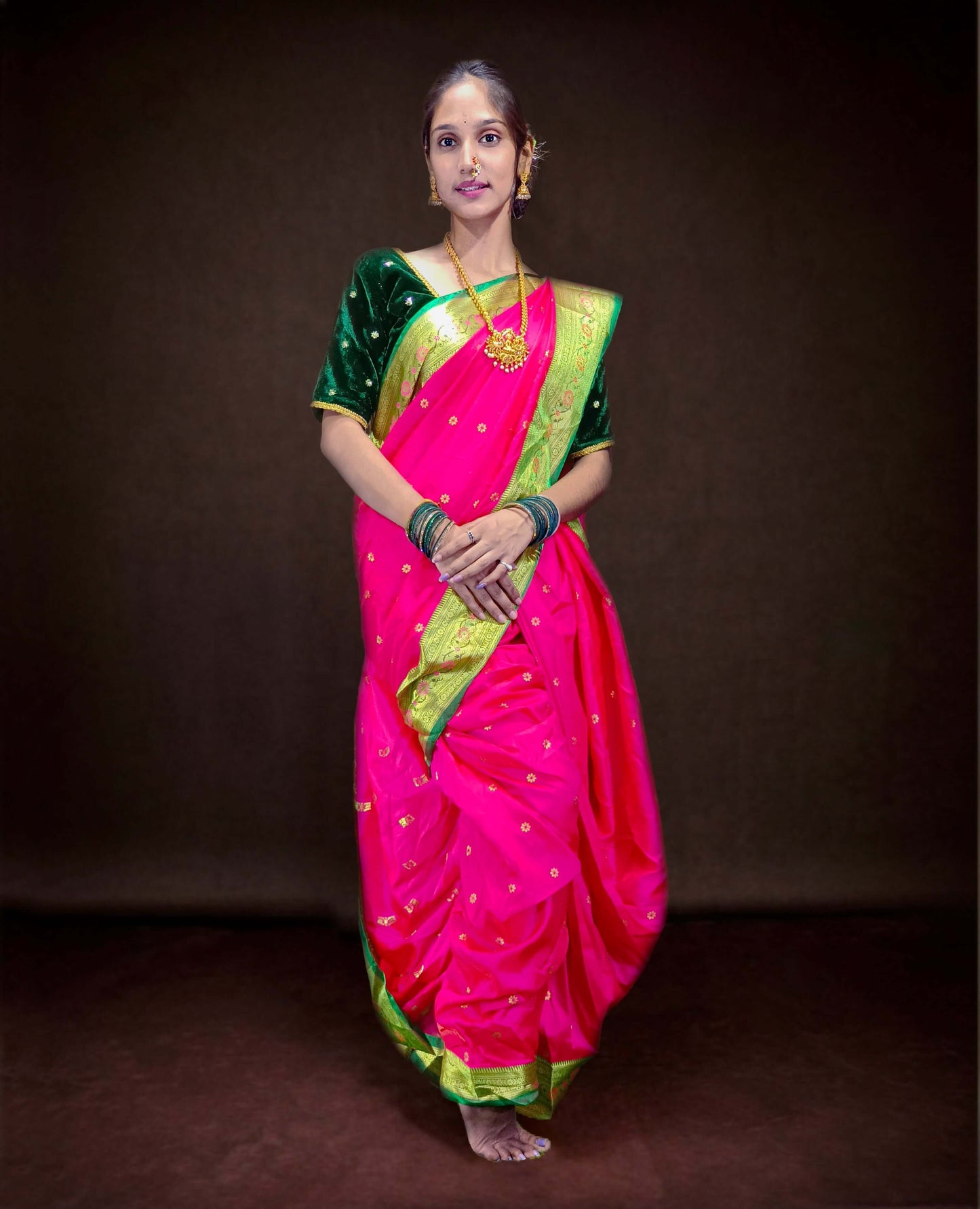 Ready-Made Nauvari Saree for Women Phakkat Pink Saree Green Border