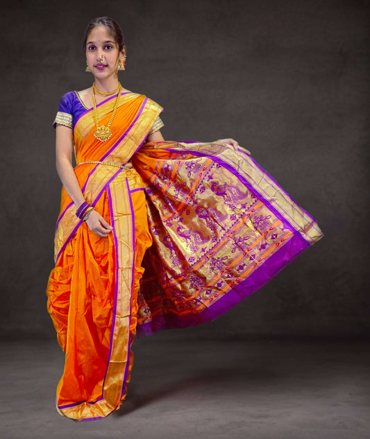 Ready-Made Nauvari Saree for Women Phakkat Orange Front View