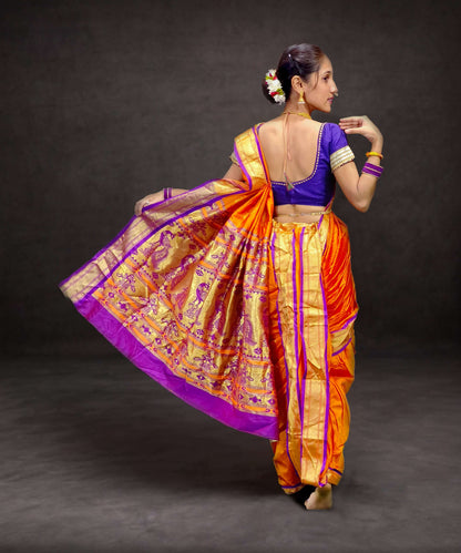 Ready-Made Nauvari Saree for Women Phakkat Orange Peshwai Style