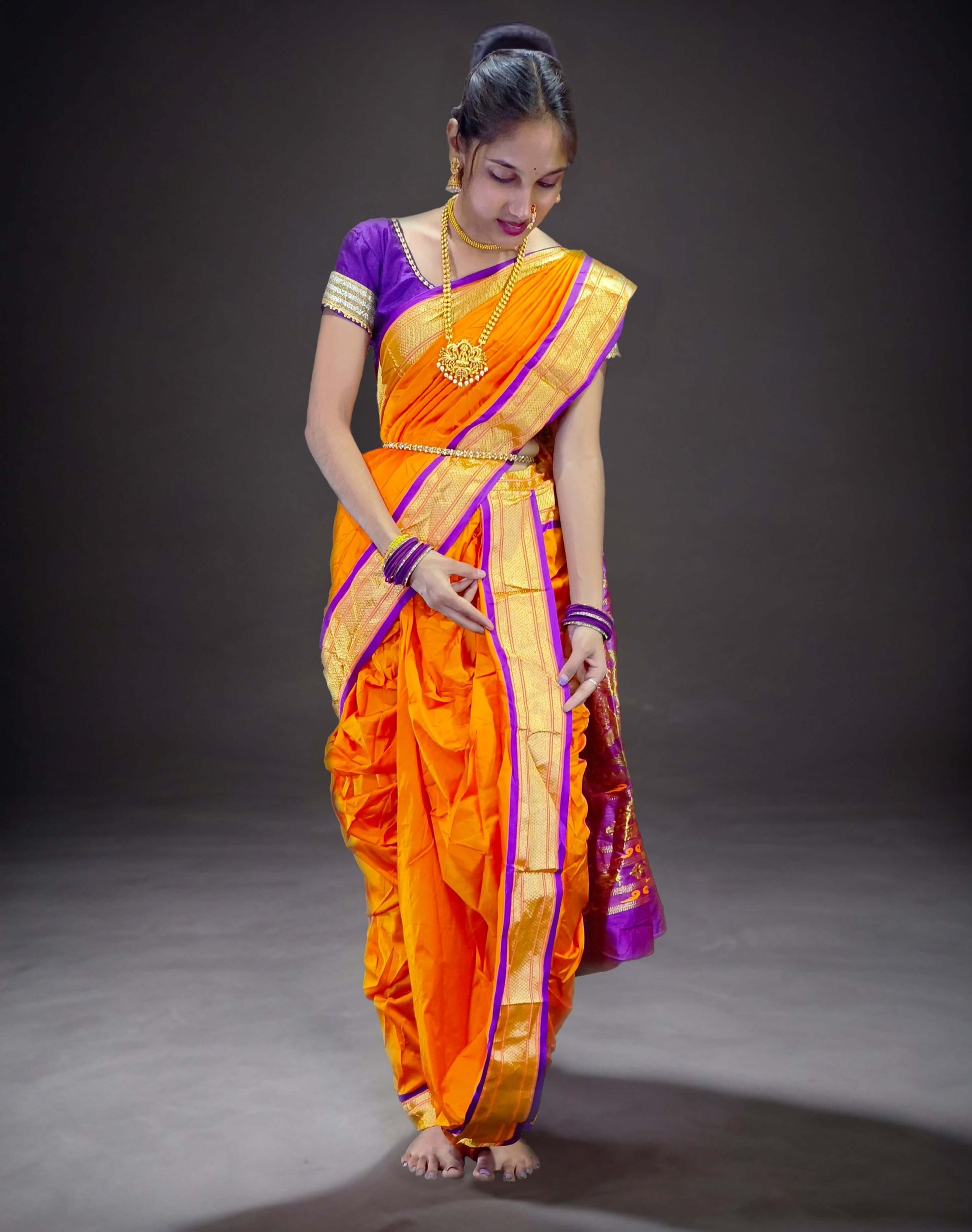 Ready-Made Nauvari Saree for Women Phakkat Orange Side View