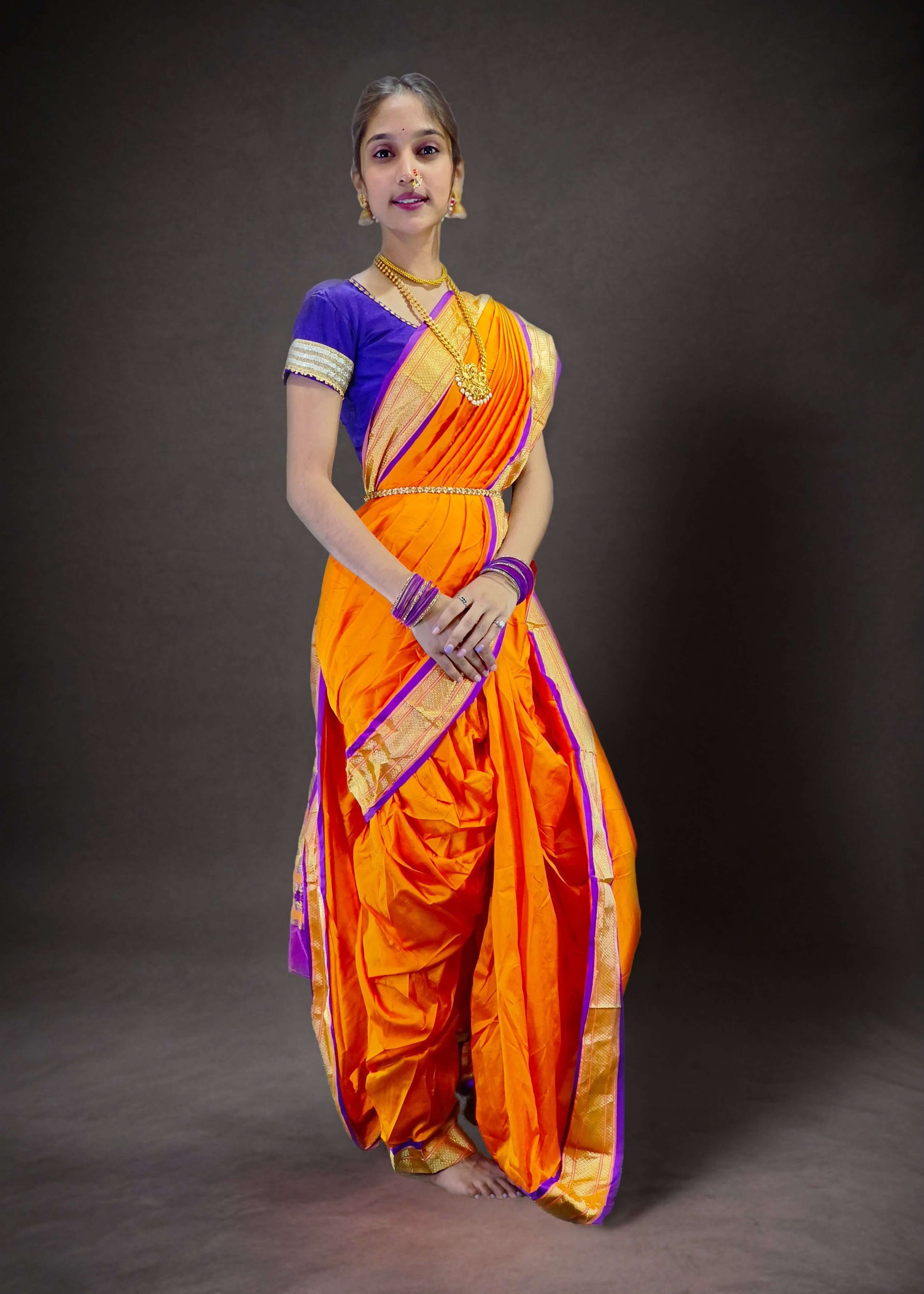 Ready-Made Nauvari Saree for Women Phakkat Orange Full Length Look